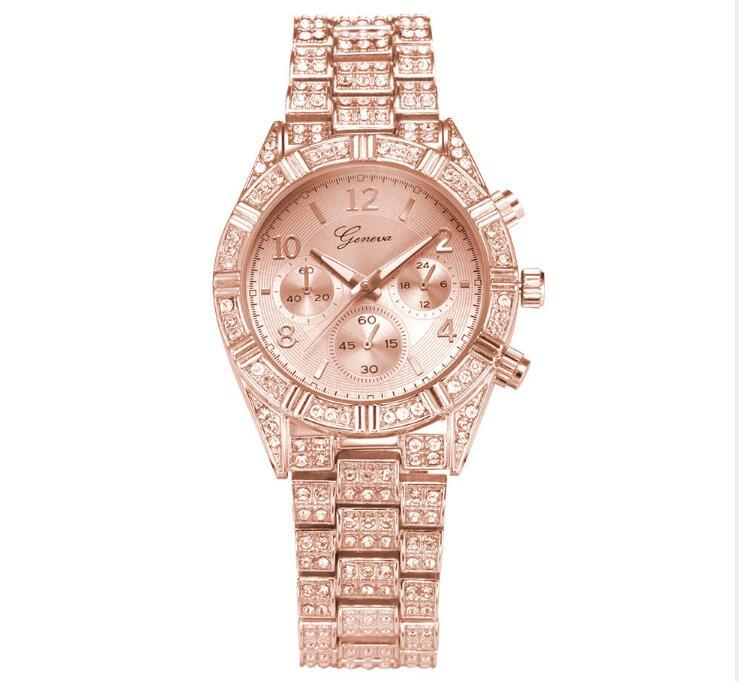 Montre-bracelet analogique à quartz en cristal pour femmes Mode en acier inoxydable Genève Luxe Reloj Hombre