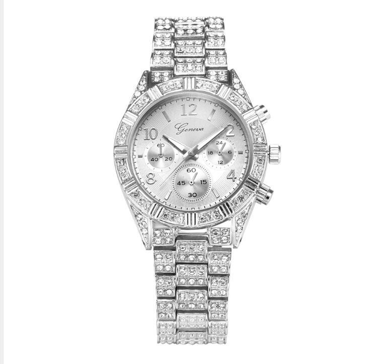 Montre-bracelet analogique à quartz en cristal pour femmes Mode en acier inoxydable Genève Luxe Reloj Hombre