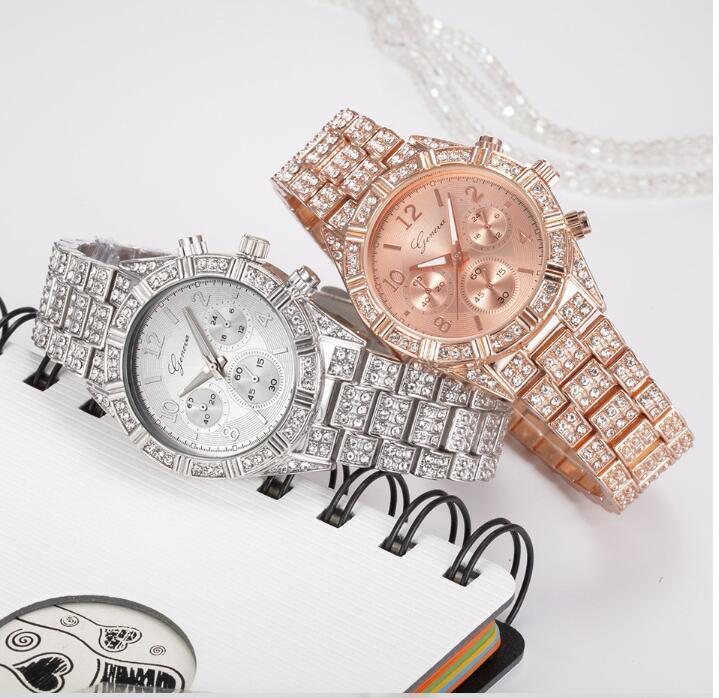 Montre-bracelet analogique à quartz en cristal pour femmes Mode en acier inoxydable Genève Luxe Reloj Hombre