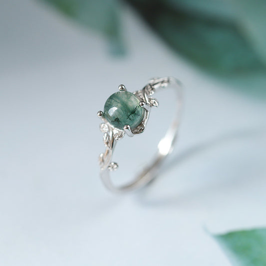 Bague en argent S925 avec mousse verte, plantes aquatiques, pierre d'agate